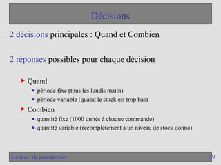 29
Gestion de production
Décisions
2 décisions principales : Quand et Combien
2 réponses possibles pour chaque décision
► Quand
■ période fixe (tous les lundis matin)
■ période variable (quand le stock est trop bas)
► Combien
■ quantité fixe (1000 unités à chaque commande)
■ quantité variable (recomplétement à un niveau de stock donné)
 
