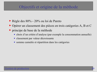 49
Gestion de production
Objectifs et origine de la méthode
► Règle des 80% - 20% ou loi de Pareto
► Opérer un classement des pièces en trois catégories A, B et C
► principe de base de la méthode
■ choix d’un critère d’analyse (par exemple la consommation annuelle)
■ classement par valeur décroissante
■ somme cumulée et répartition dans les catégories
 