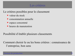 52
Gestion de production
Les critères
Le critères possibles pour le classement
► valeur du stock
► consommation annuelle
► espace consommé
► heures de manutention
Possibilité d’établir plusieurs classements
Comment choisir le ou les bons critères : connaissance de
l’entreprise, bon sens
 