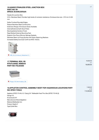 16.HAWKE STAINLESS STEEL JUNCTION BOX
PART NO: S4
SPECS: 29.95W,550V,6A
Hawke S4 Junction Box
316 L Stainless Steel, Provides high levels of corrosion resistance. Enclosure box size : 373 mm X 425
mm
Softer Finished Rounded Edges.
Robust Stainless Steel Construction.
Extensive Range of Enclosure Sizes Available.
Internal/External Earth Stud Fitted.
Electropolished Surface Finish.
Rigid Slotted External Mounting Feet.
Superior One Piece Silicone Sponge Gaskets.
Stainless Steel Lid Fixing Screws with Nylon Retaining Washers
Increased Safety Exe Dual Certiﬁ ed ATEX / IECEx.
HKE_S4_Enclosure_Datasheet (1)
x 1
17.TERMINAL BOX, SS
RTN FLANGE, NEMA4X
PART NO: FXLS420D
Peppe_FXL4terminalbox_ML
18,000.00
x 1
18,000.00
18.APPLETON CONTROL ASSEMBLY BODY FOR HAZARDOUS LOCATIONS PART
NO: EFDC175NLQ
Appleton EFDC175-NL-Q 1 Gang 3/4" Malleable Feed Thru Box (EFDC175-NLQ)
Gangs:1G
Knockouts:3/4"
Manufacturer-Brand:Appleton
Material:Malleable Iron
Product Depth:2"
Type:Outlet Box
7,500.00
x 15
112,500.00
 