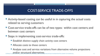 COST-SERVICE TRADE-OFFS
 Activity-based costing can be useful in in capturing the actual costs
related to serving customers
 Cost-service trade-offs can be of two types: within cost centers; and
between cost centers
 Steps in implementing cost-service trade-offs:
 Establish distinct supply chain activity cost centers
 Allocate costs to those centers
 Analyze cost and service variations from alternative volume projections
and/or structural alternatives
COPYRIGHT © 2020 MCGRAW-HILL.ALL RIGHTS RESERVED. NO REPRODUCTION OR DISTRIBUTION WITHOUTTHE PRIORWRITTEN CONSENT OF MCGRAW-HILL. 22
 