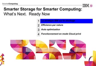 Smarter Storage for Smarter Computing:
What’s Next. Ready Now
                1   La stratégie IBM sur le stockage

                2   Efficience par nature

                3   Auto optimisation

                4   Fonctionnement en mode Cloud privé
 