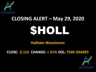 $HOLL
Hollister Biosciences
CLOSING ALERT – May 29, 2020
CLOSE: $.115 CHANGE: + 21% VOL: 754K SHARES
 