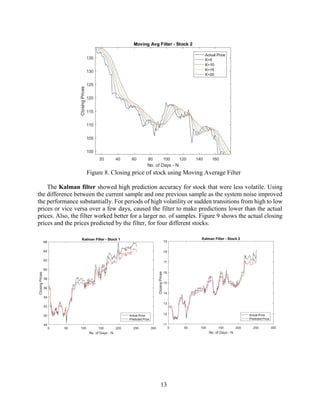13
Figure 8. Closing price of stock using Moving Average Filter
The Kalman filter showed high prediction accuracy for stock that were less volatile. Using
the difference between the current sample and one previous sample as the system noise improved
the performance substantially. For periods of high volatility or sudden transitions from high to low
prices or vice versa over a few days, caused the filter to make predictions lower than the actual
prices. Also, the filter worked better for a larger no. of samples. Figure 9 shows the actual closing
prices and the prices predicted by the filter, for four different stocks.
 