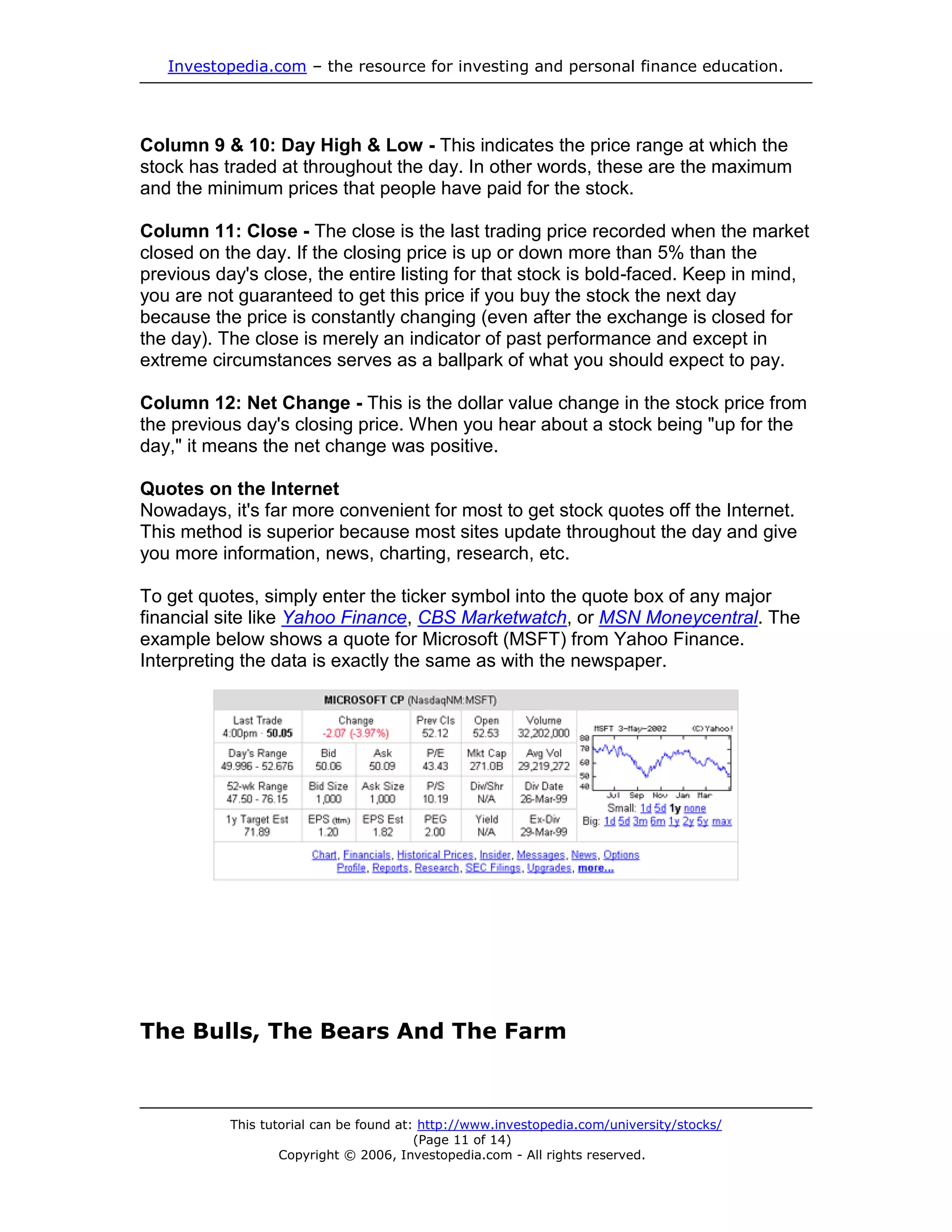 Investopedia.com – the resource for investing and personal finance education.




Column 9 & 10: Day High & Low - This indicates the price range at which the
stock has traded at throughout the day. In other words, these are the maximum
and the minimum prices that people have paid for the stock.

Column 11: Close - The close is the last trading price recorded when the market
closed on the day. If the closing price is up or down more than 5% than the
previous day's close, the entire listing for that stock is bold-faced. Keep in mind,
you are not guaranteed to get this price if you buy the stock the next day
because the price is constantly changing (even after the exchange is closed for
the day). The close is merely an indicator of past performance and except in
extreme circumstances serves as a ballpark of what you should expect to pay.

Column 12: Net Change - This is the dollar value change in the stock price from
the previous day's closing price. When you hear about a stock being "up for the
day," it means the net change was positive.

Quotes on the Internet
Nowadays, it's far more convenient for most to get stock quotes off the Internet.
This method is superior because most sites update throughout the day and give
you more information, news, charting, research, etc.

To get quotes, simply enter the ticker symbol into the quote box of any major
financial site like Yahoo Finance, CBS Marketwatch, or MSN Moneycentral. The
example below shows a quote for Microsoft (MSFT) from Yahoo Finance.
Interpreting the data is exactly the same as with the newspaper.




The Bulls, The Bears And The Farm



           This tutorial can be found at: http://www.investopedia.com/university/stocks/
                                         (Page 11 of 14)
                   Copyright © 2006, Investopedia.com - All rights reserved.
 