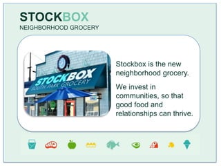 STOCKBOX
NEIGHBORHOOD GROCERY




                       Stockbox is the new
                       neighborhood grocery.
                       We invest in
                       communities, so that
                       good food and
                       relationships can thrive.
 