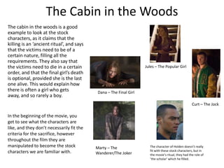 The Cabin in the Woods
The cabin in the woods is a good
example to look at the stock
characters, as it claims that the
killing is an ‘ancient ritual’, and says
that the victims need to be of a
certain nature, filling all the
requirements. They also say that
the victims need to die in a certain                                Jules – The Popular Girl
order, and that the final girl’s death
is optional, provided she is the last
one alive. This would explain how
there is often a girl who gets              Dana – The Final Girl
away, and so rarely a boy.
                                                                                                     Curt – The Jock

In the beginning of the movie, you
get to see what the characters are
like, and they don’t necessarily fit the
criteria for the sacrifice, however
throughout the film they are
manipulated to become the stock            Marty – The                The character of Holden doesn’t really
characters we are familiar with.                                      fit with these stock characters, but in
                                           Wanderer/The Joker         the movie’s ritual, they had the role of
                                                                      ’the scholar’ which he filled.
 