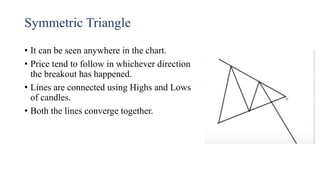 Symmetric Triangle
• It can be seen anywhere in the chart.
• Price tend to follow in whichever direction
the breakout has happened.
• Lines are connected using Highs and Lows
of candles.
• Both the lines converge together.
 