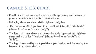 CANDLE STICK CHART
• Candle stick chart are much more visually appealing, and convey the
price information in a quicker, easier manner.
• It display the open ,close, daily high and daily low.
• The hollow or filled portion of the candlestick is called “the body”
(also referred to as “the real body”).
• The long thin lines above and below the body represent the high/low
range and are called “shadows” (also referred to as “wicks” and
“tails”).
• The high is marked by the top of the upper shadow and the low by the
bottom of the lower shadow.
 