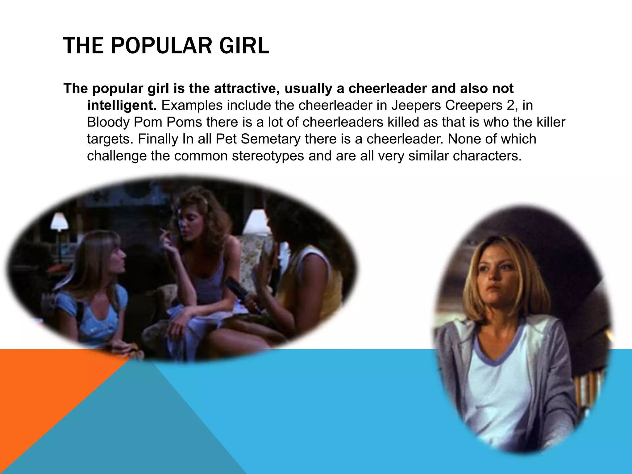 THE POPULAR GIRL 
The popular girl is the attractive, usually a cheerleader and also not 
intelligent. Examples include the cheerleader in Jeepers Creepers 2, in 
Bloody Pom Poms there is a lot of cheerleaders killed as that is who the killer 
targets. Finally In all Pet Semetary there is a cheerleader. None of which 
challenge the common stereotypes and are all very similar characters. 
 
