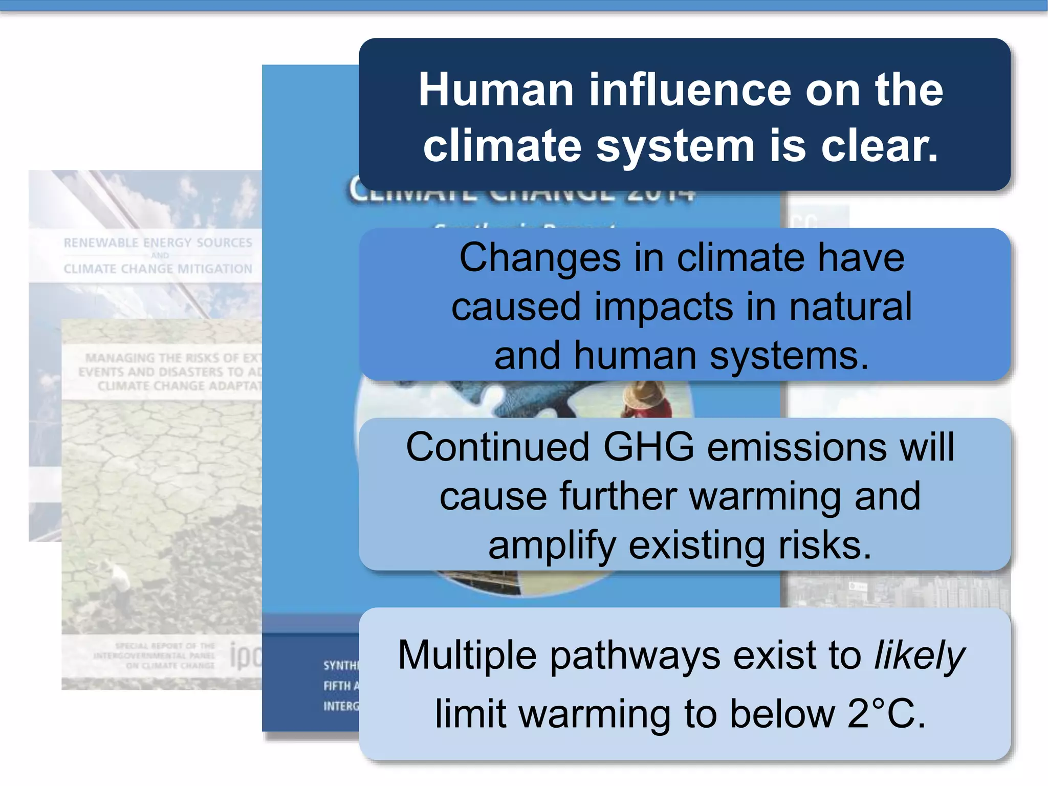 Human influence on the
climate system is clear.
Continued GHG emissions will
cause further warming and
amplify existing risks.
Changes in climate have
caused impacts in natural
and human systems.
Multiple pathways exist to likely
limit warming to below 2°C.
 