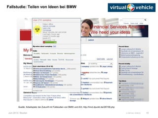 © VIRTUAL VEHICLE
Fallstudie: Teilen von Ideen bei BMW
Juni 2013 / Stocker 10
Quelle: Arbeitsplatz der Zukunft mit Fallstudien von BMW und AVL http://hmd.dpunkt.de/287/08.php
 