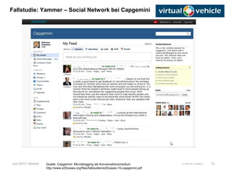 © VIRTUAL VEHICLE
Fallstudie: Yammer – Social Network bei Capgemini
Juni 2013 / Stocker 13Quelle: Capgemini: Microblogging als Konversationsmedium
http://www.e20cases.org/files/fallstudien/e20cases-10-capgemini.pdf
 