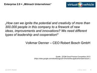 © VIRTUAL VEHICLE
Enterprise 2.0 = „Mitmach Unternehmen“
Juni 2013 / Stocker
„How can we ignite the potential and creativity of more than
300.000 people in this company to a firework of new
ideas, improvements and innovations? We need different
types of leadership and cooperation!“
Volkmar Denner – CEO Robert Bosch GmbH
Quelle: EFQM Good Practice Competition 2013
(https://sites.google.com/site/efqmgpc2013/home/the-applicants/robert-bosch )
6
 