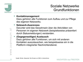 Soziale Netzwerke  Grundfunktionen Kontaktmanagement   Dazu gehören alle Funktionen zum Aufbau und zur Pflege des eigenen Netzwerks. Netzwerk-Awareness  Darunter wird das Gewahrsein über die Aktivitäten von Personen im eigenen Netzwerk (beispielsweise präsentiert durch Statusmeldungen) verstanden. (Gegegenseitiger) Austausch Dazu gehören alle Funktionen, um sich mit anderen Kontakten auszutauschen, wie beispielsweise ein in die Plattform integrierter Nachrichtendienst. Quelle: Richter, Alexander: Der Einsatz von SNS in Unternehmen 