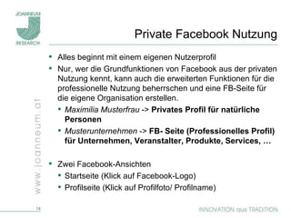   Private Facebook Nutzung Alles beginnt mit einem eigenen Nutzerprofil Nur, wer die Grundfunktionen von Facebook aus der privaten Nutzung kennt, kann auch die erweiterten Funktionen für die professionelle Nutzung beherrschen und eine FB-Seite für die eigene Organisation erstellen. Maximilia Musterfrau  ->  Privates Profil für natürliche Personen Musterunternehmen  ->  FB- Seite (Professionelles Profil) für Unternehmen, Veranstalter, Produkte, Services, … Zwei Facebook-Ansichten Startseite (Klick auf Facebook-Logo) Profilseite (Klick auf Profilfoto/ Profilname) 