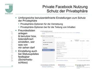 Private Facebook Nutzung Schutz der Privatsphäre Umfangreiche benutzerdefinierte Einstellungen zum Schutz der Privatsphäre Privatsphäre-Optionen für die Vernetzung Privatsphäre-Optionen bei für die Teilung von Inhalten Freundeslisten  anlegen  & benutzer bzw.  listendefiniert  einstellen, wer  was von  mir sehen darf Einstellung auch  bei Statusupdates  festlegbar  (Sicherheits- schloss) 