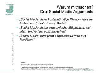 Warum mitmachen? Drei Social Media Argumente „ Social Media bietet kostengünstige Plattformen zum Aufbau der (persönlichen) Marke“ „ Social Media bieten eine einfache Möglichkeit, sich intern und extern auszutauschen“ „ Social Media ermöglicht bequemes Lernen aus Feedback“  Quellen:  Soumitra Dutta , Harvard Business Manager 04/2011  I like your brand – Argumente, Strategien und Risiken für Unternehmen im Social Web http://www.besser20.de/i-like-your-brand-argumente-strategien-und-risiken-fur-unternehmen-im-social-web/1756/ 