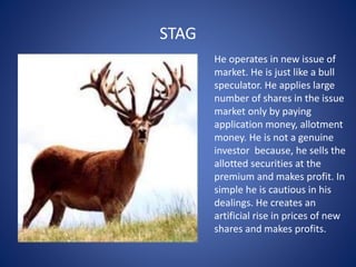 STAG
He operates in new issue of
market. He is just like a bull
speculator. He applies large
number of shares in the issue
market only by paying
application money, allotment
money. He is not a genuine
investor because, he sells the
allotted securities at the
premium and makes profit. In
simple he is cautious in his
dealings. He creates an
artificial rise in prices of new
shares and makes profits.
 