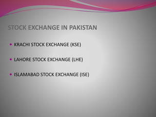 STOCK EXCHANGE IN PAKISTAN
 KRACHI STOCK EXCHANGE (KSE)
 LAHORE STOCK EXCHANGE (LHE)
 ISLAMABAD STOCK EXCHANGE (ISE)
 