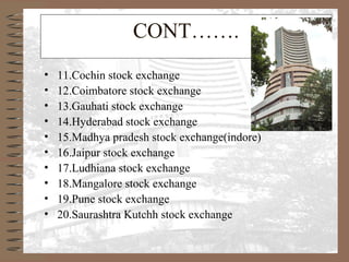 CONT…….
• 11.Cochin stock exchange
• 12.Coimbatore stock exchange
• 13.Gauhati stock exchange
• 14.Hyderabad stock exchange
• 15.Madhya pradesh stock exchange(indore)
• 16.Jaipur stock exchange
• 17.Ludhiana stock exchange
• 18.Mangalore stock exchange
• 19.Pune stock exchange
• 20.Saurashtra Kutchh stock exchange
 