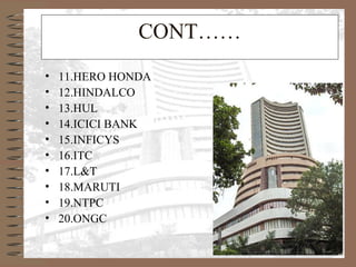 CONT……
• 11.HERO HONDA
• 12.HINDALCO
• 13.HUL
• 14.ICICI BANK
• 15.INFICYS
• 16.ITC
• 17.L&T
• 18.MARUTI
• 19.NTPC
• 20.ONGC
 