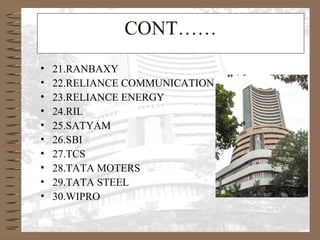 CONT……
• 21.RANBAXY
• 22.RELIANCE COMMUNICATION
• 23.RELIANCE ENERGY
• 24.RIL
• 25.SATYAM
• 26.SBI
• 27.TCS
• 28.TATA MOTERS
• 29.TATA STEEL
• 30.WIPRO
 