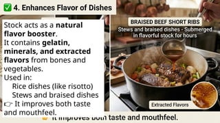 Stock acts as a natural
flavor booster.
It contains gelatin,
minerals, and extracted
flavors from bones and
vegetables.
Used in:
Rice dishes (like risotto)
Stews and braised dishes
👉 It improves both taste
and mouthfeel.
 