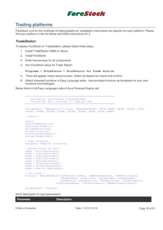 Trading platforms
ForeStock runs on the multitude of trading platforms. Installation instructions are specific for each platform. Please
find your platform in the list below and follow instructions for it.

TradeStation
To deploy ForeStock on TradeStation, please follow these steps:
    1. Install TradeStation 2000i or above
    2. Install ForeStock
    3. Enter license keys for all components
    4. Run ForeStock setup for Trade Station

        Programs > StockFusion > StockFusion for Trade Station
    5. There will appear import wizard screen. Select all objects for import and confirm.
    6. Watch imported functions in Easy Language editor. Use provided functions as templates for your own
       functions and strategies.
Below there is full Easy Language code of Aura Forecast Engine call.

        {*******************************************************************
            Description: Aura Forecast Engine Extended
            Provided By: Boris Zinchenko (c) Copyright 2008
        ********************************************************************}

        DefineDLLFunc: "EEOmegaX.dll", float, "AURA_ENGINE_EX", LPSTR, DWORD, DWORD, LPLONG, LPINT,
        LPLONG, LPLONG, LPLONG, LPLONG, LPLONG, LPLONG, LPSTR, LPSTR, DWORD;

        { Inputs }

        Inputs:
        AlgorithmName(String),
        InputLength(Numeric),
        SeriesNames(String),
        Parameters(String),
        ForecastLength(Numeric),
        Forecast(NumericRef);

        { Inner variables }
        Variables: Dummy(0), Counter(0);

        { Reserve arrays for data }
        Dummy = Date[InputLength];
        Dummy = Time[InputLength];
        Dummy = Open[InputLength];
        Dummy = High[InputLength];
        Dummy = Low[InputLength];
        Dummy = Close[InputLength];
        Dummy = Volume[InputLength];
        Dummy = OpenInt[InputLength];

        { Call solver }
        Forecast = AURA_ENGINE_EX((LPSTR)AlgorithmName, (DWORD)MaxBarsBack, (DWORD)PriceScale,
                                  (LPLONG)&Date, (LPINT)&Time, (LPLONG)&Open, (LPLONG)&High,
                                  (LPLONG)&Low, (LPLONG)&Close, (LPLONG)&Volume, (LPLONG)&OpenInt,
                               (LPSTR)SeriesNames, (LPSTR)Parameters, (DWORD)ForecastLength);

        AuraEngineExt = Forecast;

Short description of input parameters:
 Parameter                        Description


© Boris Zinchenko                                  Date: 11/2/10 12:19                                   Page 10 of 21
 