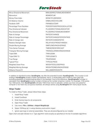 Minus Directional Movement                           MINUSDIRECTIONALMOVEMENT
Momentum                                             MOMENTUM
Money Flow Index                                     MONEYFLOWINDEX
On Balance Volume                                    ONBALANCEVOLUME
Parabolic SAR                                        PARABOLICSAR
Percentage Price Oscillator                          PERCENTAGEPRICEOSCILLATOR
Plus Directional Indicator                           PLUSDIRECTIONALINDICATOR
Plus Directional Movement                            PLUSDIRECTIONALMOVEMENT
Rate of change                                       RATEOFCHANGE
Rate of change Percentage                            RATEOFCHANGEPERCENTAGE
Rate of change ratio                                 RATEOFCHANGERATIO
Relative Strength Index                              RELATIVESTRENGTHINDEX
Simple Moving Average                                SIMPLEMOVINGAVERAGE
Time Series Forecast                                 TIMESERIESFORECAST
Triangular Moving Average                            TRIANGULARMOVINGAVERAGE
Triple EMA                                           TRIPLEEMA
Triple EMA T3                                        TRIPLEEMAT3
True Range                                           TRUERANGE
Typical Price                                        TYPICALPRICE
Weighted Close Price                                 WEIGHTEDCLOSEPRICE
Weighted Moving Average                              WEIGHTEDMOVINGAVERAGE
Williams Percent R                                   WILLIAMSPERCENTR


In addition to standard function AuraEngine, we offer the extended function AuraEngineEx. This function is full
analog of AuraEngine except it makes real backtest, that is, it recalculates each model on each step fully
excluding possibility of forward looking effect in the backtest. Due to this difference, AuraEngineEx is longer in
calculation than AuraEngine exactly number of times as the number of points in series. For example, if the series
has 1000 points, then AuraEngineEx will take 1000 times more to calculate. Unless you have very powerful
computer or do need very scrupulous backtest, we always advise using AuraEngine with nearly equal results.

Ninja Trader
To install on Ninja Trader, please follow these steps:
    1. Install Ninja Trader
    2. Install ForeStock
    3. Enter license keys for all components
    4. Open Ninja Trader
    5. Use menu: File > Utilities > Import NinjaScript
    6. Select “EENinja.zip” in setup directory and confirm import
    7. Ignore warnings on external assemblies. They are all preconfigured by our installer
Open chart and add indicator to it. Type algorithm name exactly as specified an the list of available algorithms



© Boris Zinchenko                                  Date: 11/2/10 12:19                                  Page 14 of 21
 
