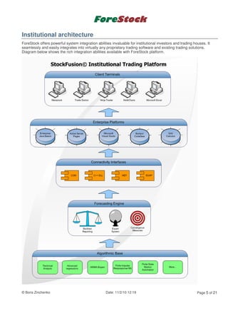 Institutional architecture
ForeStock offers powerful system integration abilities invaluable for institutional investors and trading houses. It
seamlessly and easily integrates into virtually any proprietary trading software and existing trading solutions.
Diagram below shows the rich integration abilities available with ForeStock platform.




© Boris Zinchenko                                  Date: 11/2/10 12:19                                      Page 5 of 21
 