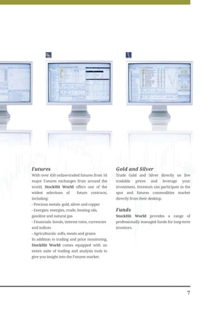 Futures                                           Gold and Silver
With over 450 online-traded futures from 16       Trade Gold and Silver directly on live
major Futures exchanges from around the           tradable     prices   and      leverage   your
world, StockHit World offers one of the           investment. Investors can participate in the
widest selections of        future contracts,     spot and futures commodities market
including:                                        directly from their desktop.
- Precious metals: gold, silver and copper
- Energies: energies, crude, heating oils,        Funds
gasoline and natural gas                          StockHit World provides a range of
- Financials: bonds, interest rates, currencies   professionally managed funds for long-term
and indices                                       investors.
- Agriculturals: softs, meats and grains
In addition to trading and price monitoring,
StockHit World comes equipped with an
entire suite of trading and analysis tools to
give you insight into the Futures market.




                                                                                              7
 