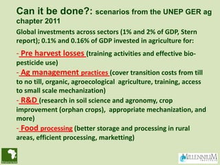 Can it be done?: scenarios from the UNEP GER ag
chapter 2011
Global investments across sectors (1% and 2% of GDP, Stern
report); 0.1% and 0.16% of GDP invested in agriculture for:
- Pre harvest losses (training activities and effective bio-
pesticide use)
- Ag management practices (cover transition costs from till
to no till, organic, agroecological agriculture, training, access
to small scale mechanization)
- R&D (research in soil science and agronomy, crop
improvement (orphan crops), appropriate mechanization, and
more)
- Food processing (better storage and processing in rural
areas, efficient processing, marketting)
 