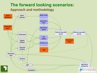 The forward looking scenarios:
         Approach and methodology
   Water           Water                      Water stress
 efficiency       demand

                                              Agriculture
                                                labor

Sustainable
  mgmt.                                       Agriculture
                                                capital
                                                               Natural crop yield             Effective crop yield
                 Forest land                                        per ha                           per ha
                                                  Soil
                                                 quality
                   Organic                                                      Pre harvest
                  fertilizer                                                      losses
                                              Fertilizer use

                  Chemical
                  fertilizer                      R&D

     Harvested
       area

                  Oil price



                               GDP                                                                         Agriculture
                                                                                                           production

                                 Population
 