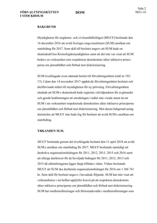 Sida 2
FÖRVALTNINGSRÄTTEN
I STOCKHOLM
DOM 9821-18
BAKGRUND
Myndigheten för ungdoms- och civilsamhällefrågor (MUCF) besluta...