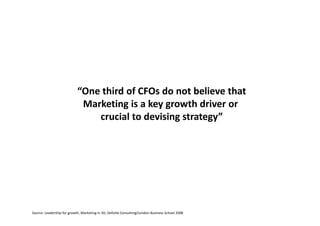 “One third of CFOs do not believe that
                             Marketing is a key growth driver or
                                crucial to devising strategy”




Source: Leadership for growth, Marketing in 3D; Delloite Consulting/London Business School 2008
 