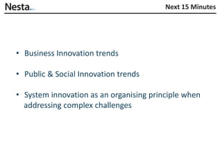 Next 15 Minutes




• Business Innovation trends

• Public & Social Innovation trends

• System innovation as an organising principle when
  addressing complex challenges
 