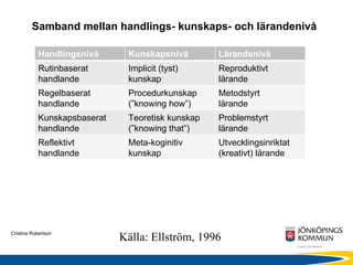 Samband mellan handlings- kunskaps- och lärandenivå Källa: Ellström, 1996 Handlingsnivå Kunskapsnivå Lärandenivå Rutinbase...