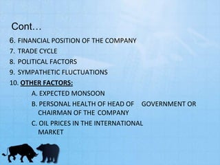 6. FINANCIAL POSITION OF THE COMPANY
7. TRADE CYCLE
8. POLITICAL FACTORS
9. SYMPATHETIC FLUCTUATIONS
10. OTHER FACTORS:
A. EXPECTED MONSOON
B. PERSONAL HEALTH OF HEAD OF GOVERNMENT OR
CHAIRMAN OF THE COMPANY
C. OIL PRICES IN THE INTERNATIONAL
MARKET
Cont…
 