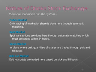 There are four markets in the system - 
PPuubblliicc MMaarrkkeett 
Only trading of market lot share is done here through automatic 
matching. 
SSppoott MMaarrkkeett 
Spot transactions are done here through automatic matching which 
must be settled within 24 hours. 
BBlloocckk MMaarrkkeett 
A place where bulk quantities of shares are traded through pick and 
fill basis. 
OOdddd LLoott MMaarrkkeett 
Odd lot scripts are traded here based on pick and fill basis. 
11 
 