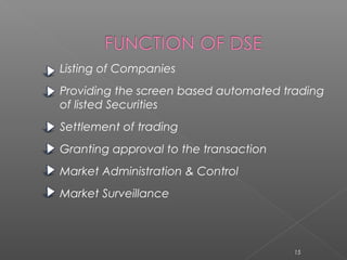 Listing of Companies 
Providing the screen based automated trading 
of listed Securities 
Settlement of trading 
Granting approval to the transaction 
Market Administration & Control 
Market Surveillance 
15 
 