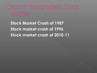  Stock Market Crash of 1987 
 Stock market crash of 1996 
 Stock market crash of 2010-11 
 