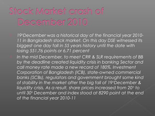  19thDecember was a historical day of the financial year 2010- 
11 in Bangladesh stock market. On this day DSE witnessed its 
biggest one day fall in 55 years history until the date with 
losing 551.76 points or 6.71 percent 
 In the mid December, to meet CRR & SLR requirements of BB 
by the deadline created liquidity crisis in banking Sector and 
call money rate made a new record of 180%. Investment 
Corporation of Bangladesh (ICB), state-owned commercial 
banks (SCBs), regulators and government brought some kind 
of stability in the market after the big fall of 19thDecember & 
liquidity crisis. As a result, share prices increased from 20th to 
until 30th December and index stood at 8290 point at the end 
of the financial year 2010-11 
 