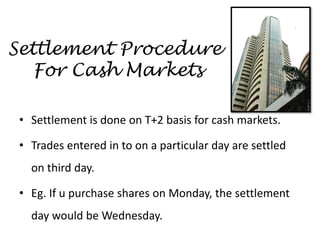 Settlement Procedure
For Cash Markets
• Settlement is done on T+2 basis for cash markets.
• Trades entered in to on a particular day are settled
on third day.
• Eg. If u purchase shares on Monday, the settlement
day would be Wednesday.
 