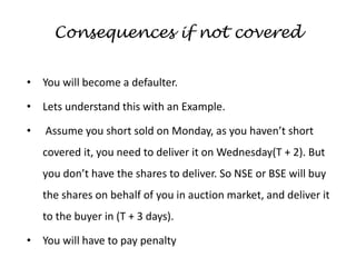 Consequences if not covered
• You will become a defaulter.
• Lets understand this with an Example.
• Assume you short sold on Monday, as you haven’t short
covered it, you need to deliver it on Wednesday(T + 2). But
you don’t have the shares to deliver. So NSE or BSE will buy
the shares on behalf of you in auction market, and deliver it
to the buyer in (T + 3 days).
• You will have to pay penalty
 