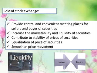 Role of stock exchange:
 Provide central and convenient meeting places for
sellers and buyer of securities
 Increase the marketability and liquidity of securities
 Contribute to stability of prices of securities
 Equalization of price of securities
 Smoothen price movement
 