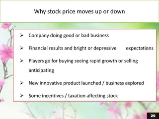 29
Why stock price moves up or down
 Company doing good or bad business
 Financial results and bright or depressive expectations
 Players go for buying seeing rapid growth or selling
anticipating
 New innovative product launched / business explored
 Some incentives / taxation affecting stock
 