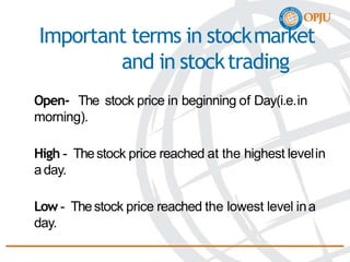 Important terms in stockmarket
and in stocktrading
Open- The stock price in beginning of Day(i.e.in
morning).
High - Thestock price reached at the highest levelin
aday.
Low - Thestock price reached the lowest level ina
day.
 