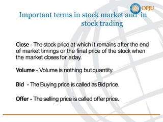 Important terms in stock market and in
stock trading
Close - Thestock price at which it remains after the end
of market timings or the final price of the stock when
the market closesfor aday.
Volume - Volume is nothing butquantity.
Bid - TheBuying price is called asBidprice.
Offer - Theselling price is called offerprice.
 