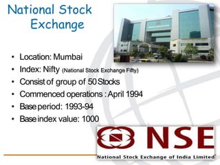 National Stock
Exchange
• Location: Mumbai
• Index: Nifty (National Stock Exchange Fifty)
• Consist of group of 50Stocks
• Commenced operations :April 1994
• Baseperiod: 1993-94
• Baseindex value: 1000
 